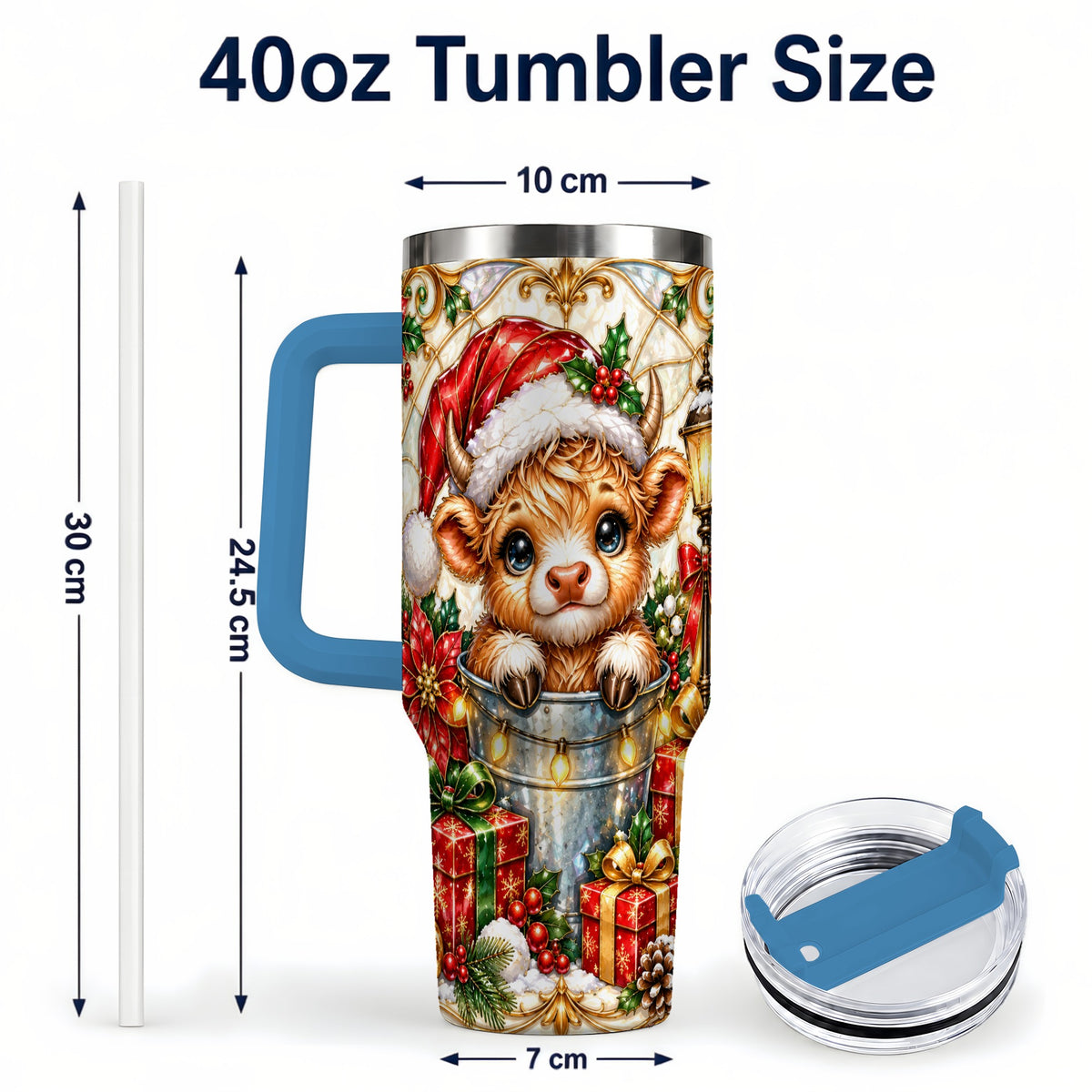 #pl[40oz|Blue] Christmas Highland Cow 40oz Tumbler with Handle, Ornate Travel Cup