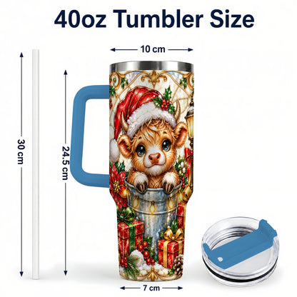 #pl[40oz|Blue] Christmas Highland Cow 40oz Tumbler with Handle, Ornate Travel Cup