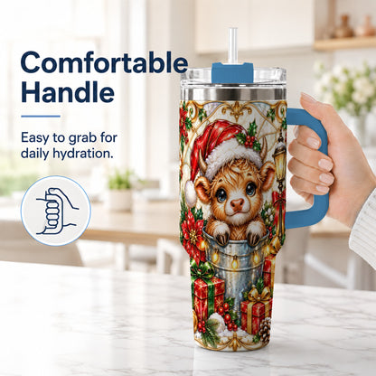 #pl[40oz|Blue] Christmas Highland Cow 40oz Tumbler with Handle, Ornate Travel Cup