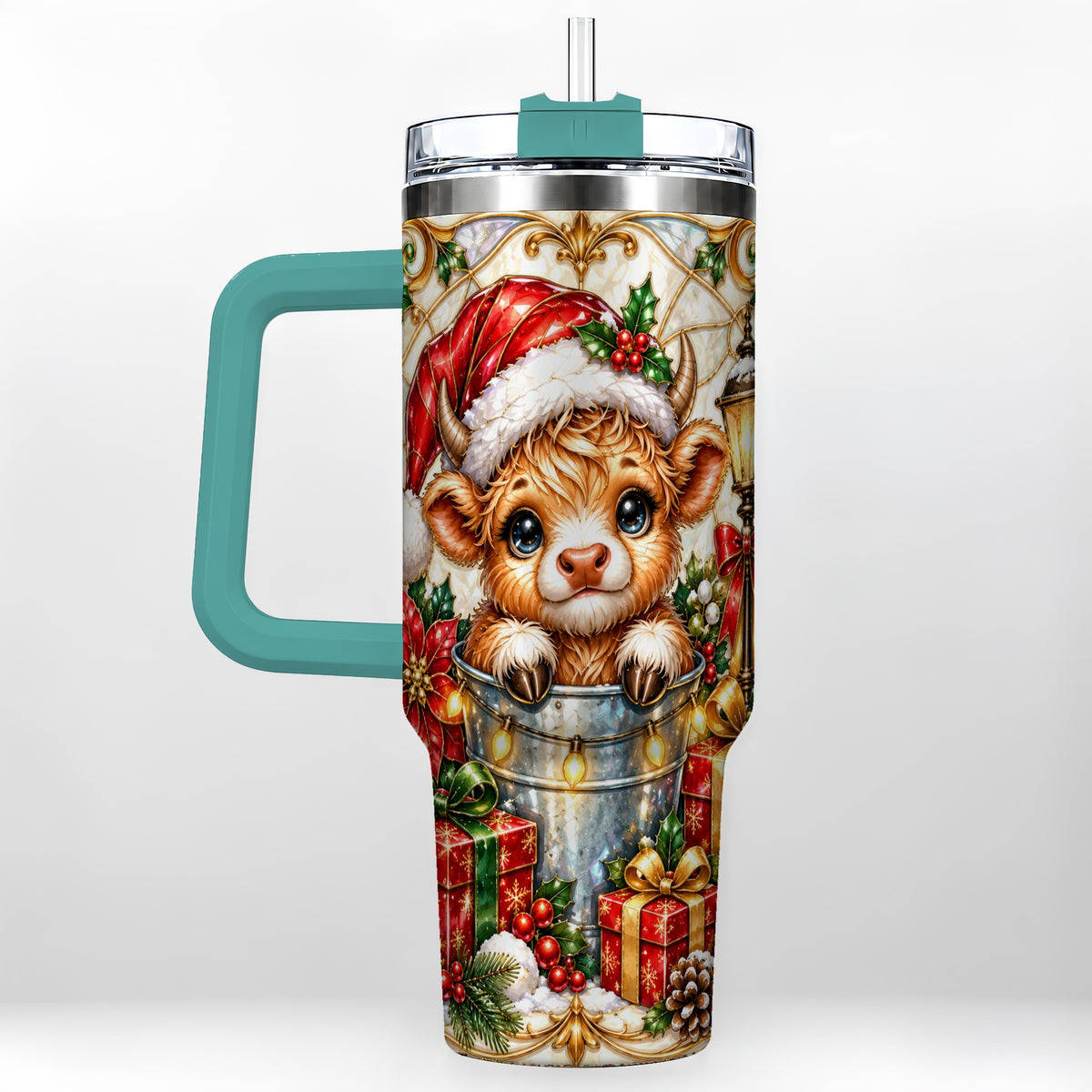 #pl[40oz|Green] Christmas Highland Cow 40oz Tumbler with Handle, Ornate Travel Cup