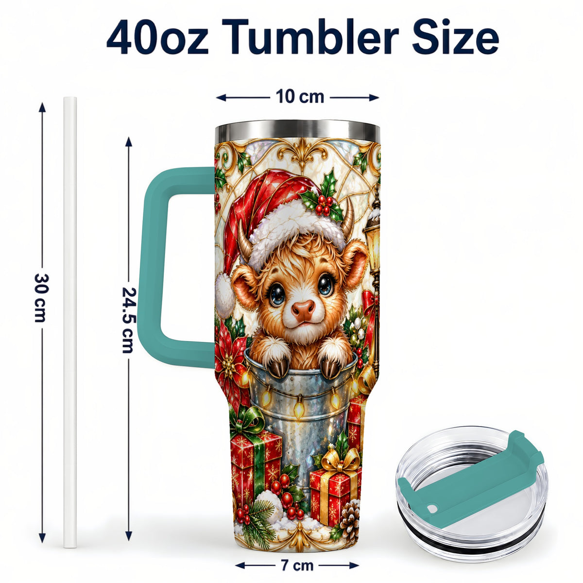 #pl[40oz|Green] Christmas Highland Cow 40oz Tumbler with Handle, Ornate Travel Cup