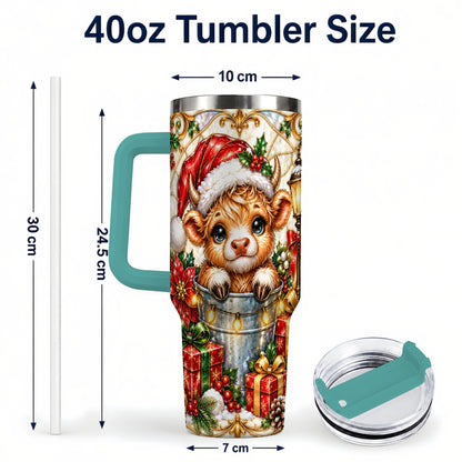 #pl[40oz|Green] Christmas Highland Cow 40oz Tumbler with Handle, Ornate Travel Cup