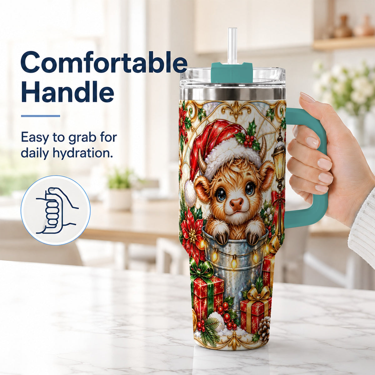 #pl[40oz|Green] Christmas Highland Cow 40oz Tumbler with Handle, Ornate Travel Cup