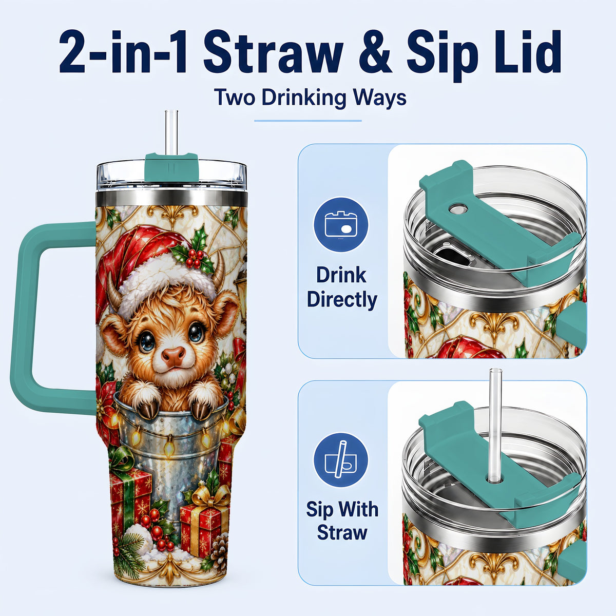#pl[40oz|Green] Christmas Highland Cow 40oz Tumbler with Handle, Ornate Travel Cup