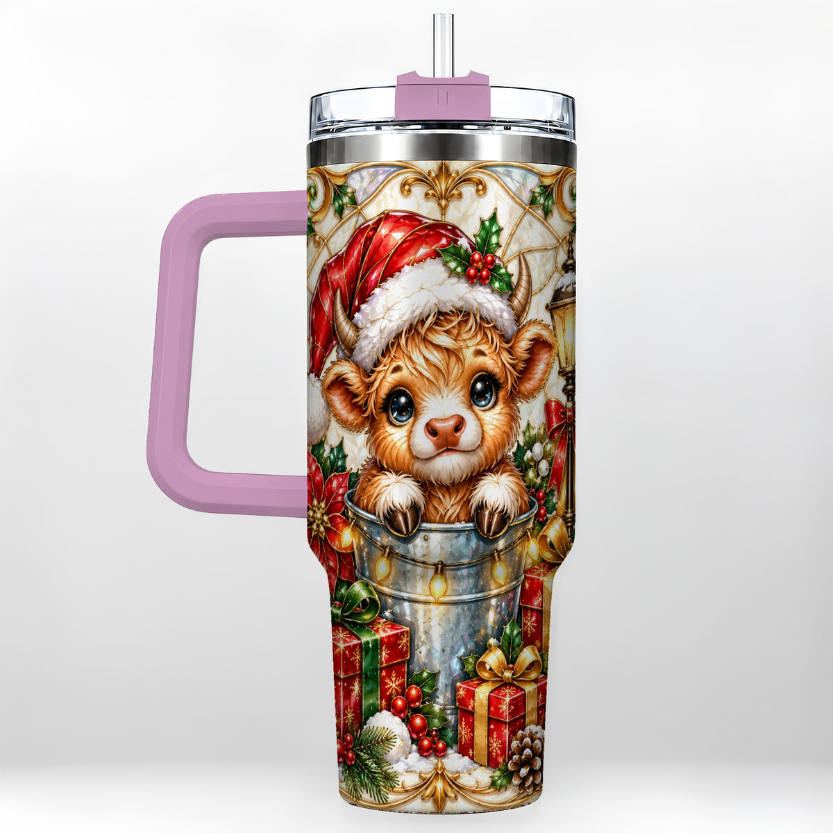 #pl[40oz|Pink] Christmas Highland Cow 40oz Tumbler with Handle, Ornate Travel Cup