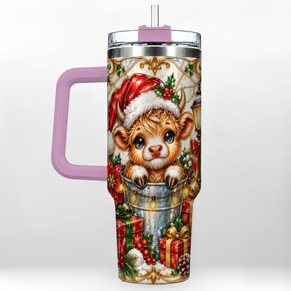 #pl[40oz|Pink] Christmas Highland Cow 40oz Tumbler with Handle, Ornate Travel Cup