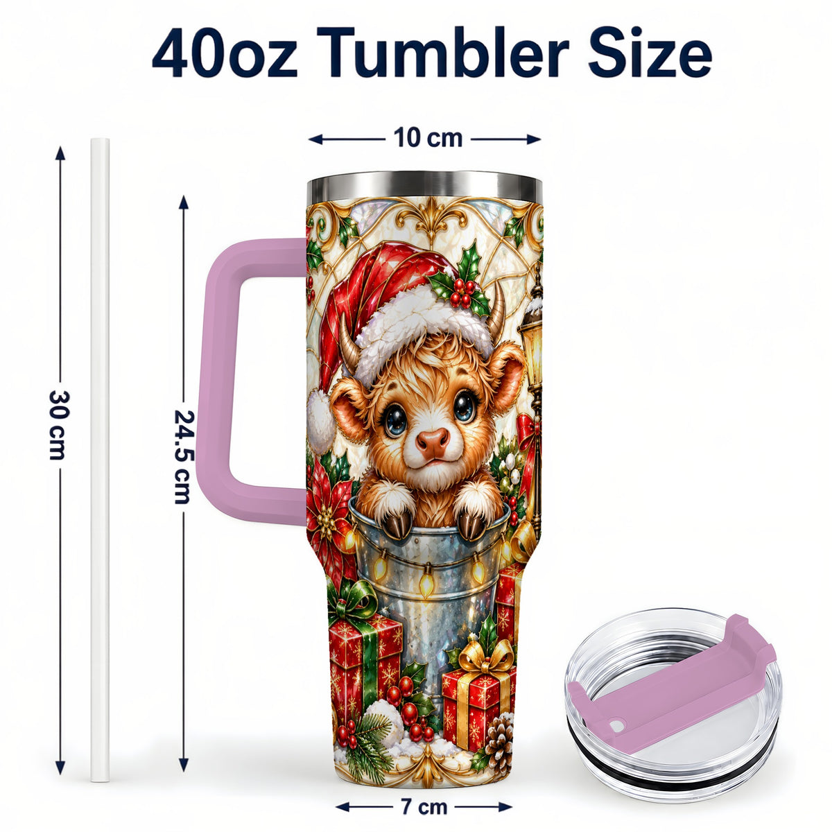 #pl[40oz|Pink] Christmas Highland Cow 40oz Tumbler with Handle, Ornate Travel Cup