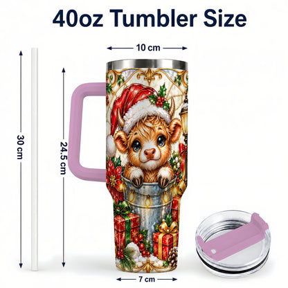 #pl[40oz|Pink] Christmas Highland Cow 40oz Tumbler with Handle, Ornate Travel Cup