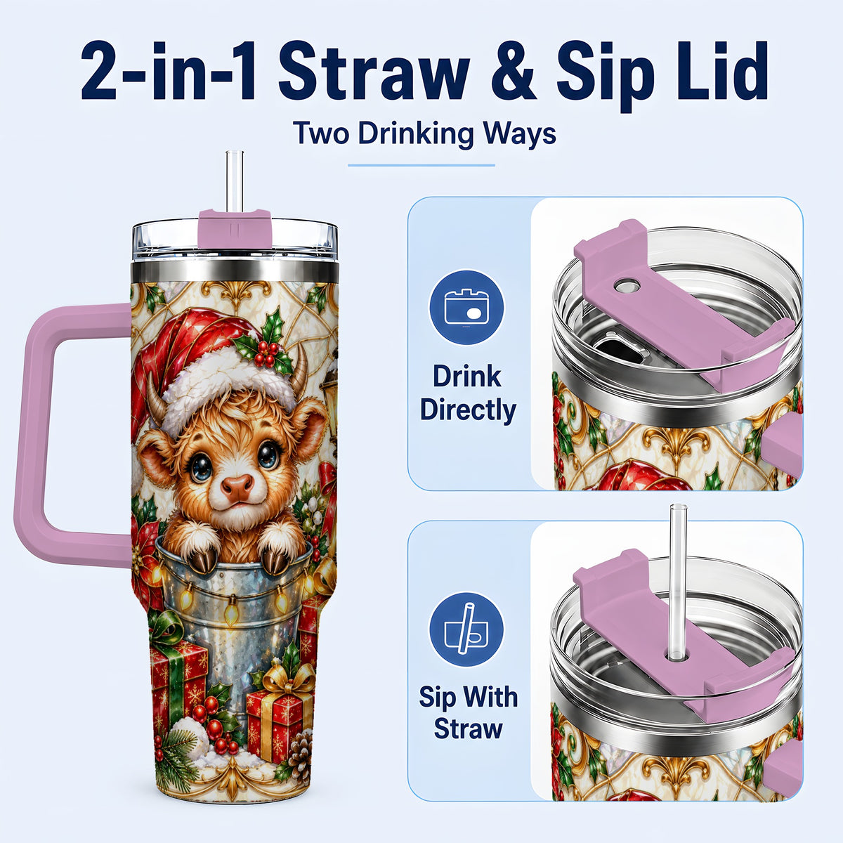 #pl[40oz|Pink] Christmas Highland Cow 40oz Tumbler with Handle, Ornate Travel Cup