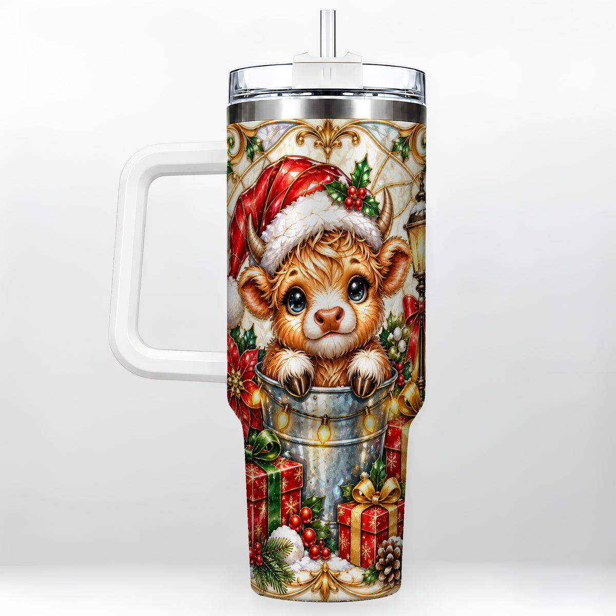 Christmas Highland Cow 40oz Tumbler with Handle, Ornate Travel Cup