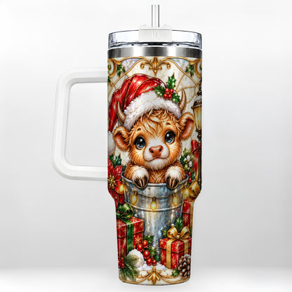 Christmas Highland Cow 40oz Tumbler with Handle, Ornate Travel Cup