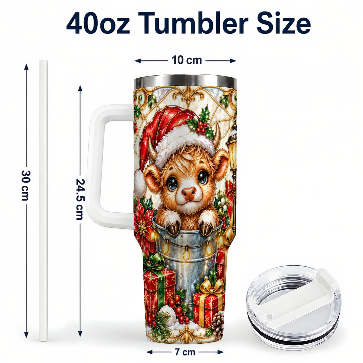#pl[40oz|White] Christmas Highland Cow 40oz Tumbler with Handle, Ornate Travel Cup