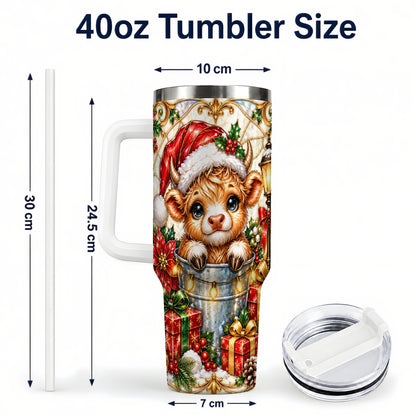 #pl[40oz|White] Christmas Highland Cow 40oz Tumbler with Handle, Ornate Travel Cup