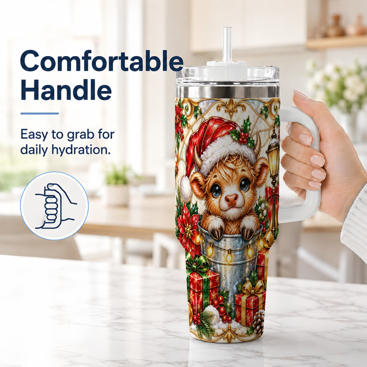 #pl[40oz|White] Christmas Highland Cow 40oz Tumbler with Handle, Ornate Travel Cup