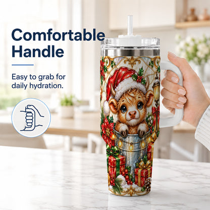 #pl[40oz|White] Christmas Highland Cow 40oz Tumbler with Handle, Ornate Travel Cup