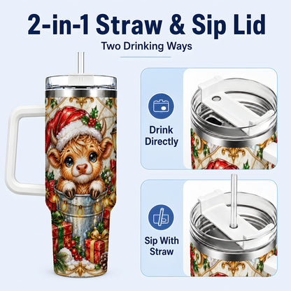 #pl[40oz|White] Christmas Highland Cow 40oz Tumbler with Handle, Ornate Travel Cup