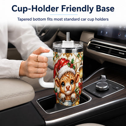 Christmas Highland Cow 40oz Tumbler with Handle, Ornate Travel Cup