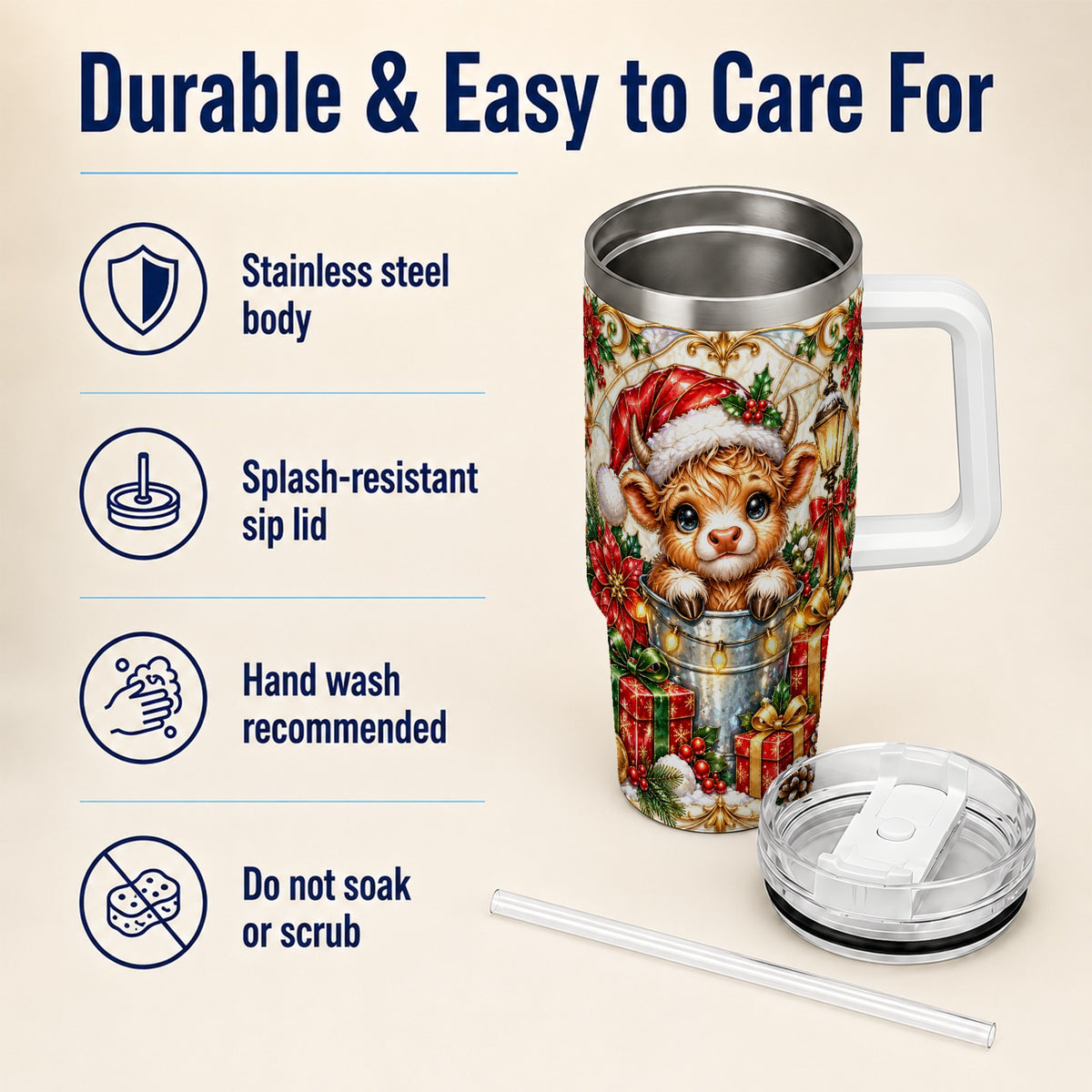 Christmas Highland Cow 40oz Tumbler with Handle, Ornate Travel Cup
