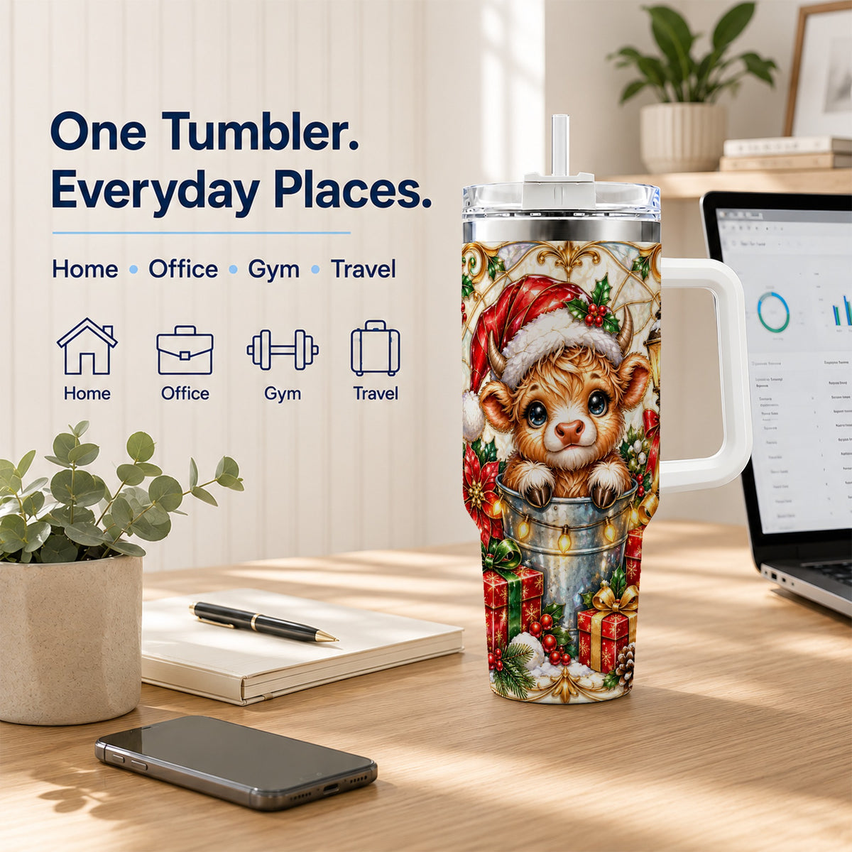 Christmas Highland Cow 40oz Tumbler with Handle, Ornate Travel Cup