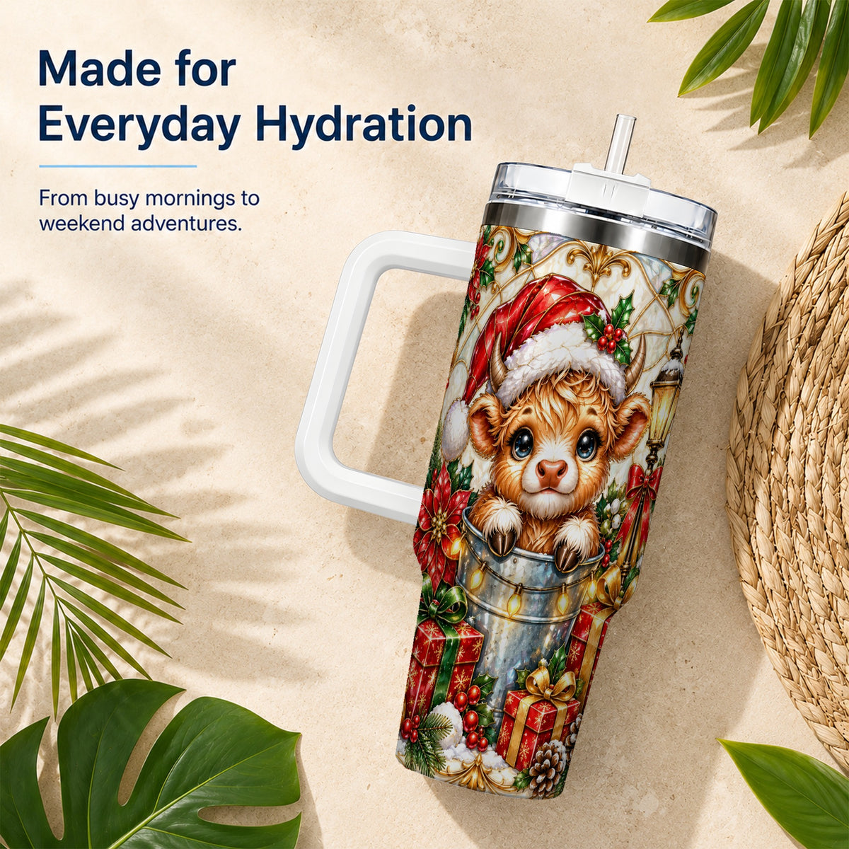 Christmas Highland Cow 40oz Tumbler with Handle, Ornate Travel Cup