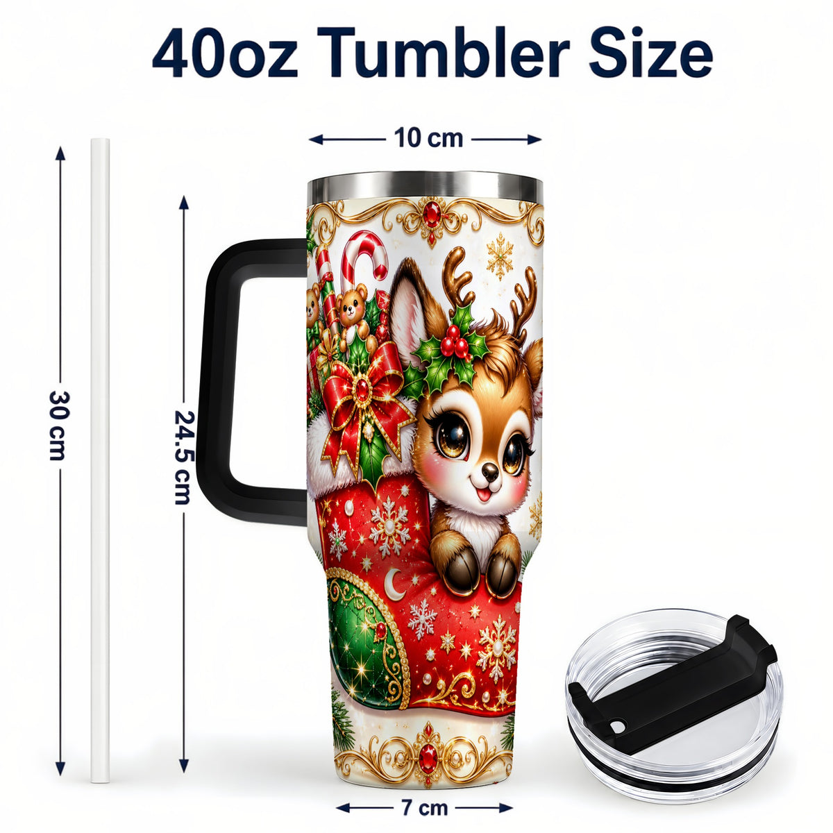 #pl[40oz|Black] Christmas Reindeer 40oz Tumbler with Handle, Festive Travel Cup