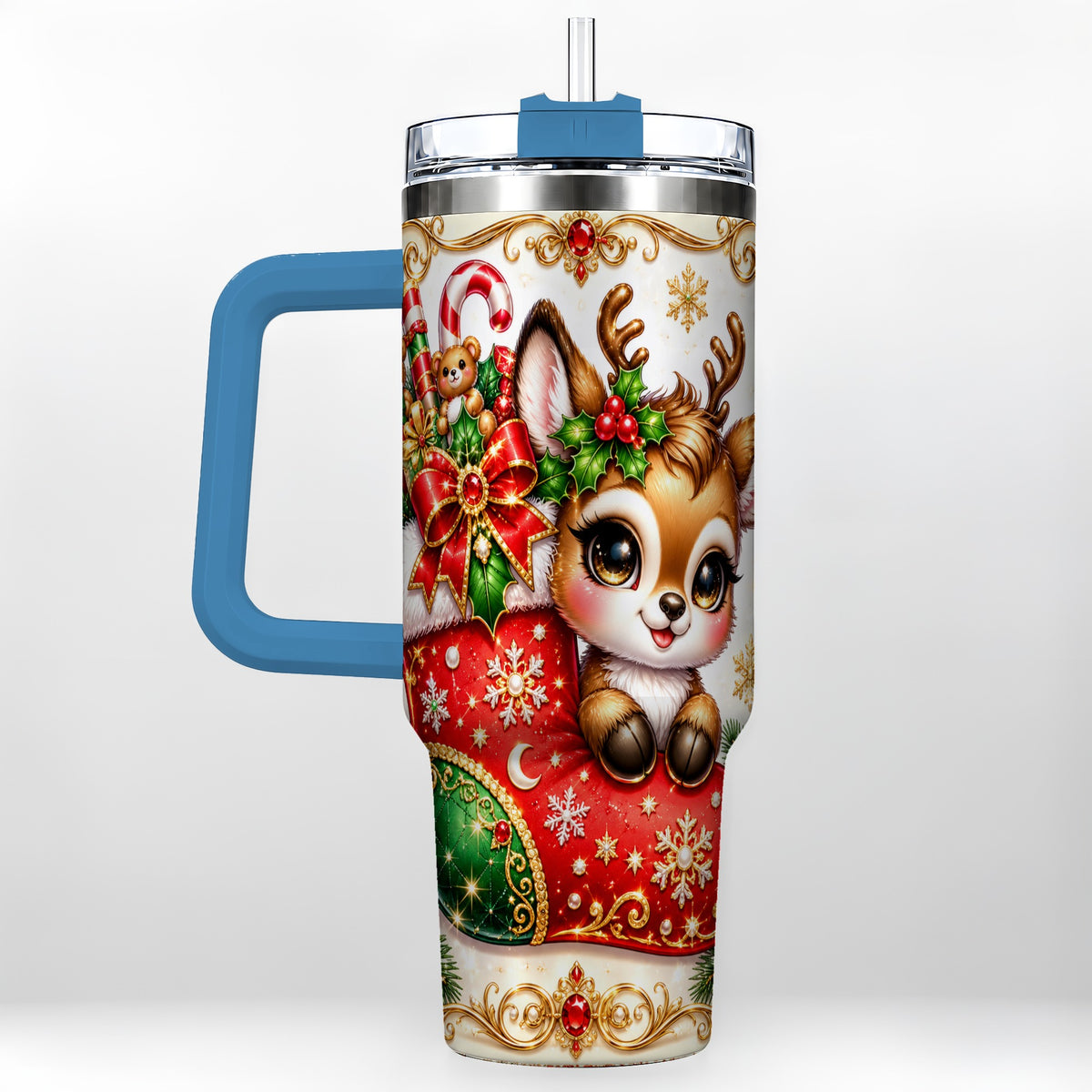 #pl[40oz|Blue] Christmas Reindeer 40oz Tumbler with Handle, Festive Travel Cup