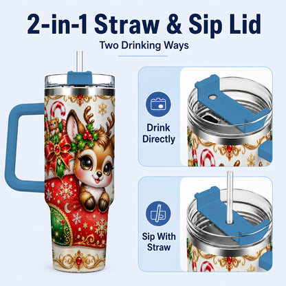 #pl[40oz|Blue] Christmas Reindeer 40oz Tumbler with Handle, Festive Travel Cup