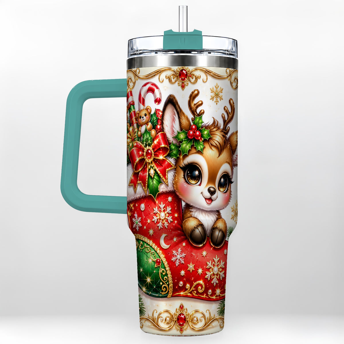 #pl[40oz|Green] Christmas Reindeer 40oz Tumbler with Handle, Festive Travel Cup