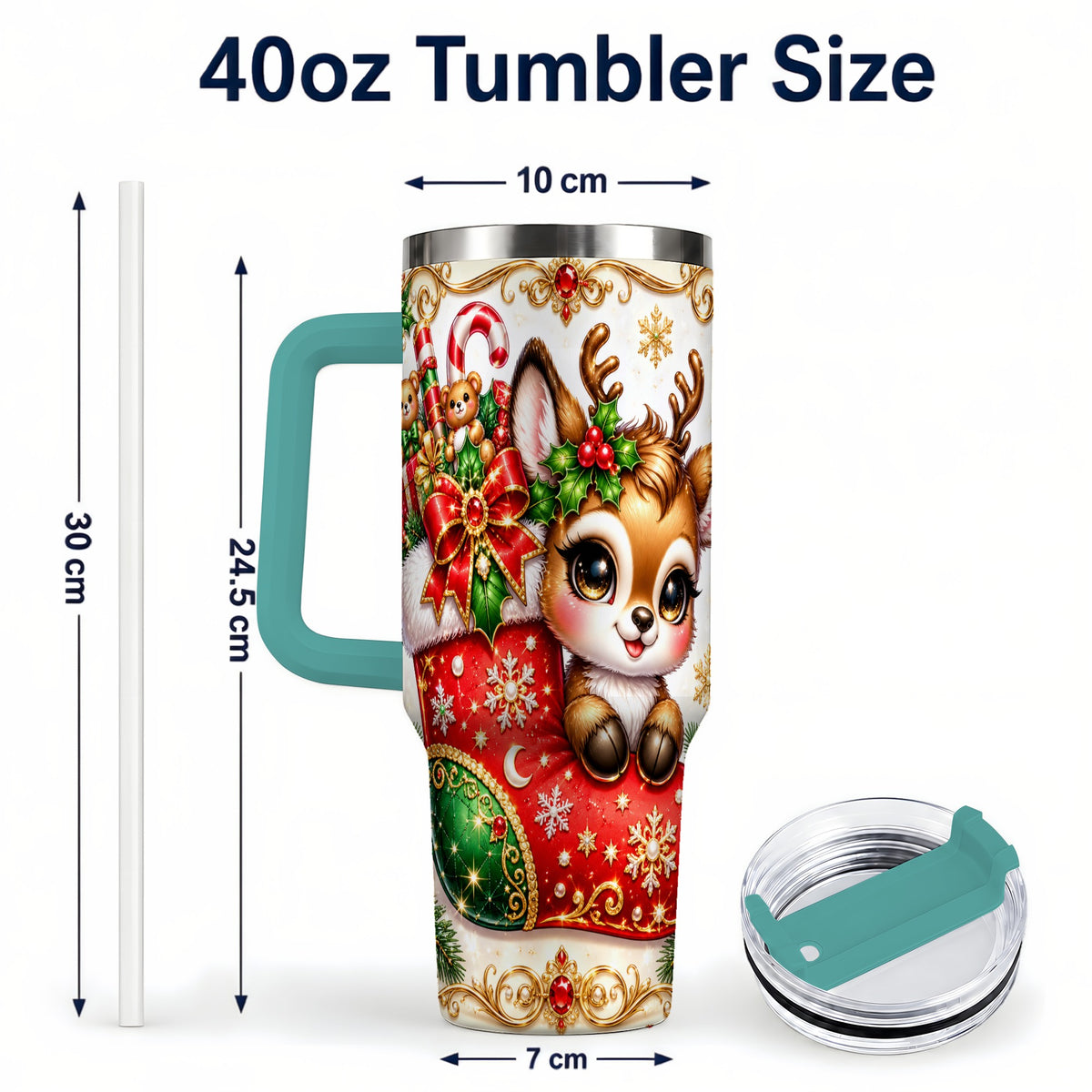 #pl[40oz|Green] Christmas Reindeer 40oz Tumbler with Handle, Festive Travel Cup