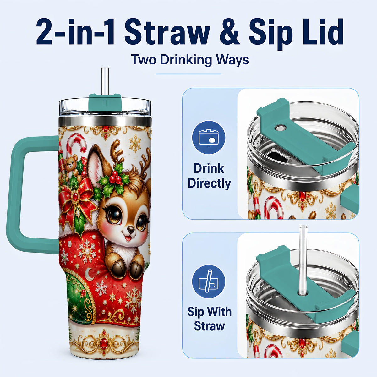 #pl[40oz|Green] Christmas Reindeer 40oz Tumbler with Handle, Festive Travel Cup
