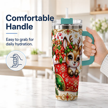 #pl[40oz|Green] Christmas Reindeer 40oz Tumbler with Handle, Festive Travel Cup