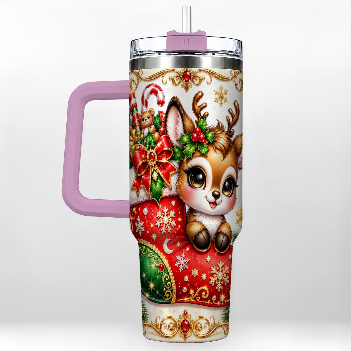 #pl[40oz|Pink] Christmas Reindeer 40oz Tumbler with Handle, Festive Travel Cup