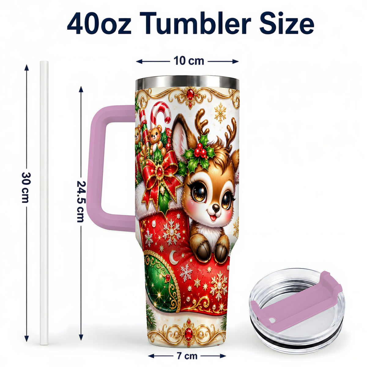 #pl[40oz|Pink] Christmas Reindeer 40oz Tumbler with Handle, Festive Travel Cup