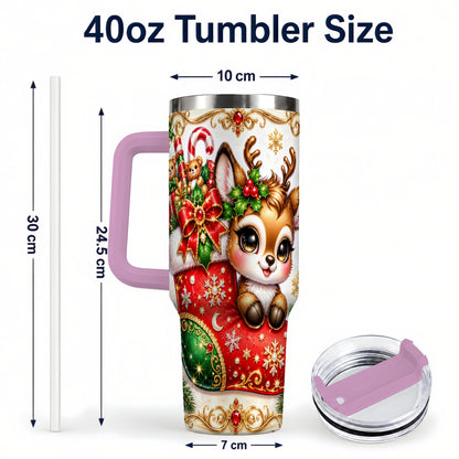#pl[40oz|Pink] Christmas Reindeer 40oz Tumbler with Handle, Festive Travel Cup