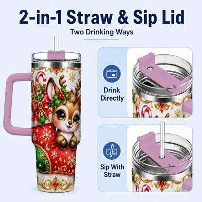 #pl[40oz|Pink] Christmas Reindeer 40oz Tumbler with Handle, Festive Travel Cup