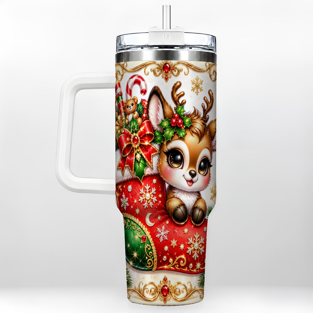 Christmas Reindeer 40oz Tumbler with Handle, Festive Travel Cup