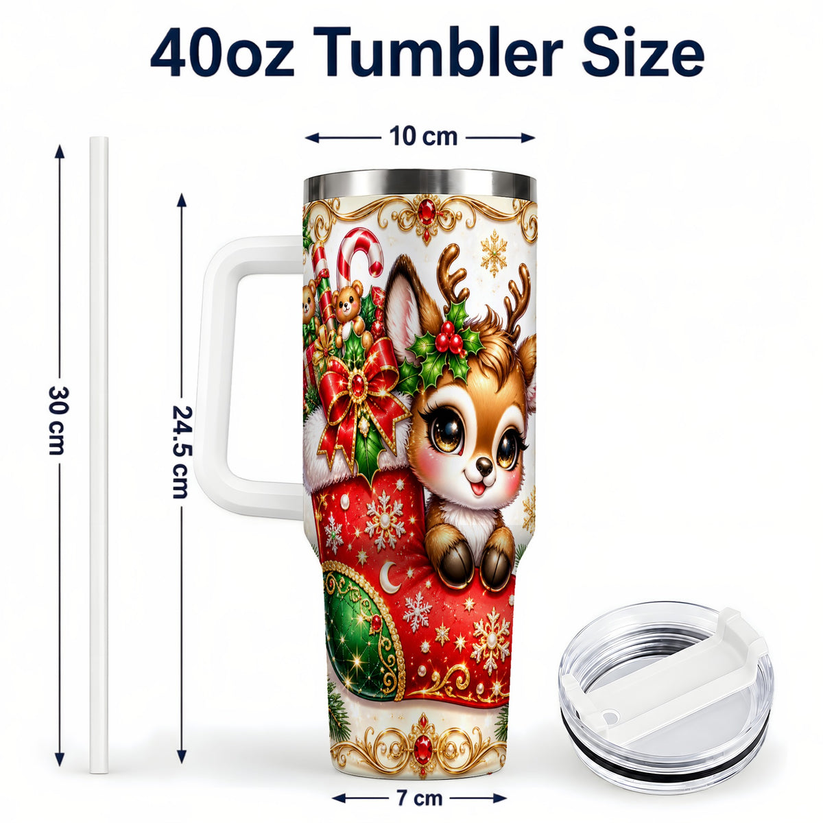 #pl[40oz|White] Christmas Reindeer 40oz Tumbler with Handle, Festive Travel Cup