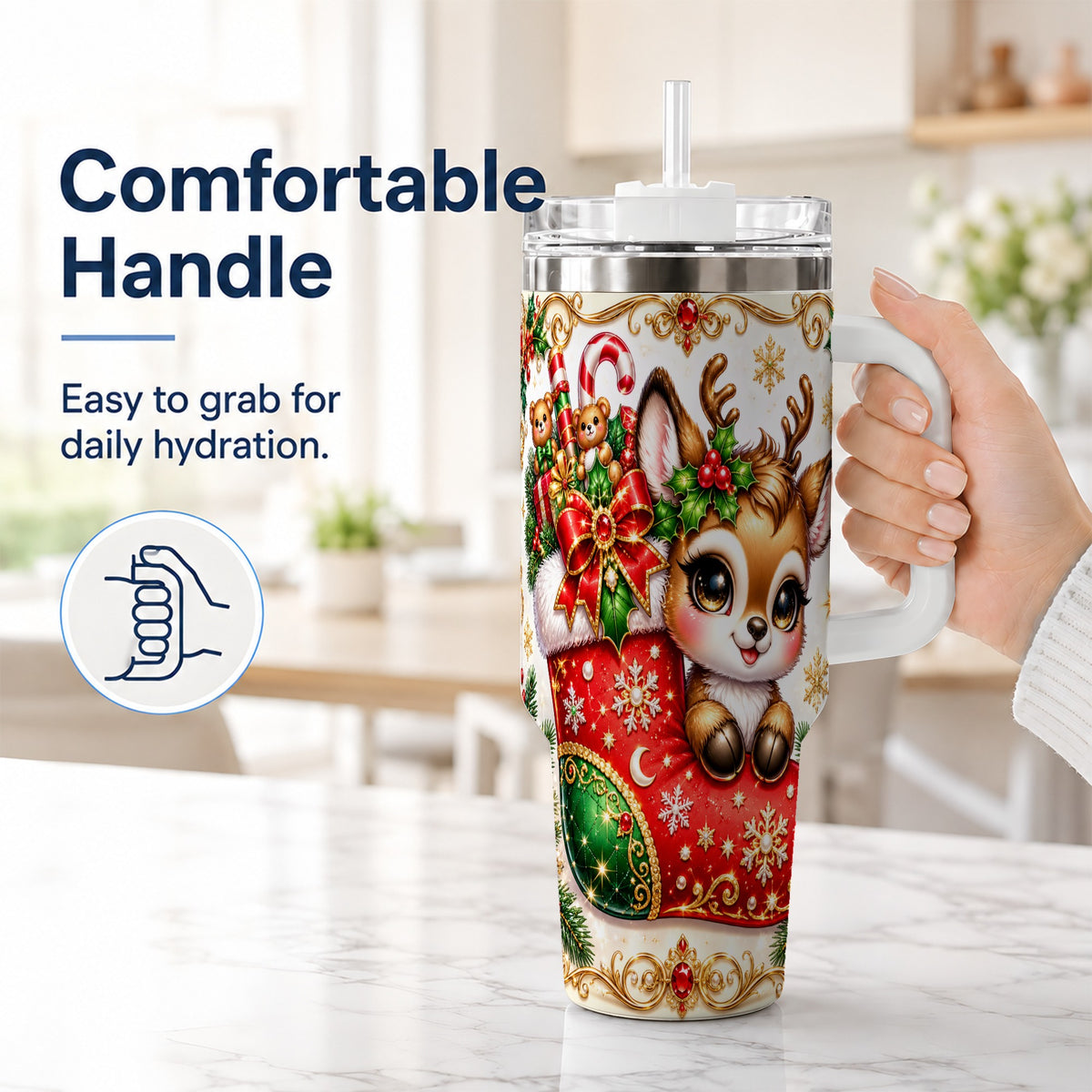 #pl[40oz|White] Christmas Reindeer 40oz Tumbler with Handle, Festive Travel Cup