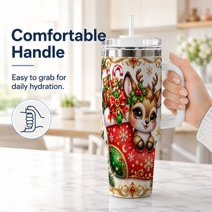 #pl[40oz|White] Christmas Reindeer 40oz Tumbler with Handle, Festive Travel Cup