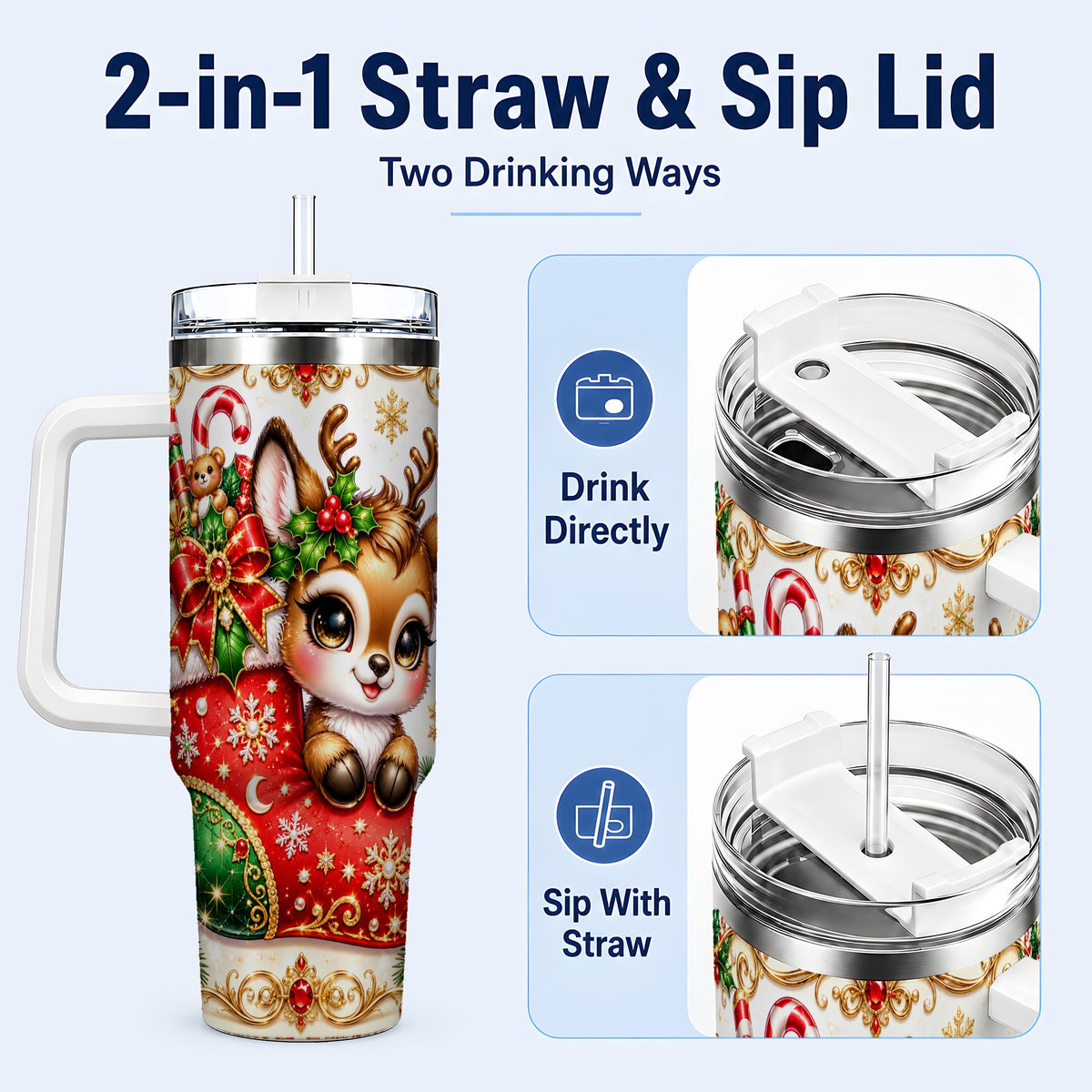 #pl[40oz|White] Christmas Reindeer 40oz Tumbler with Handle, Festive Travel Cup