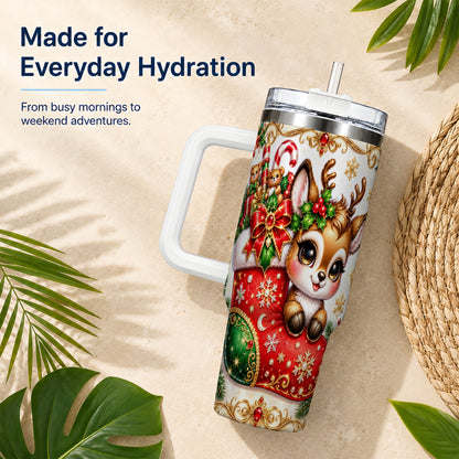Christmas Reindeer 40oz Tumbler with Handle, Festive Travel Cup