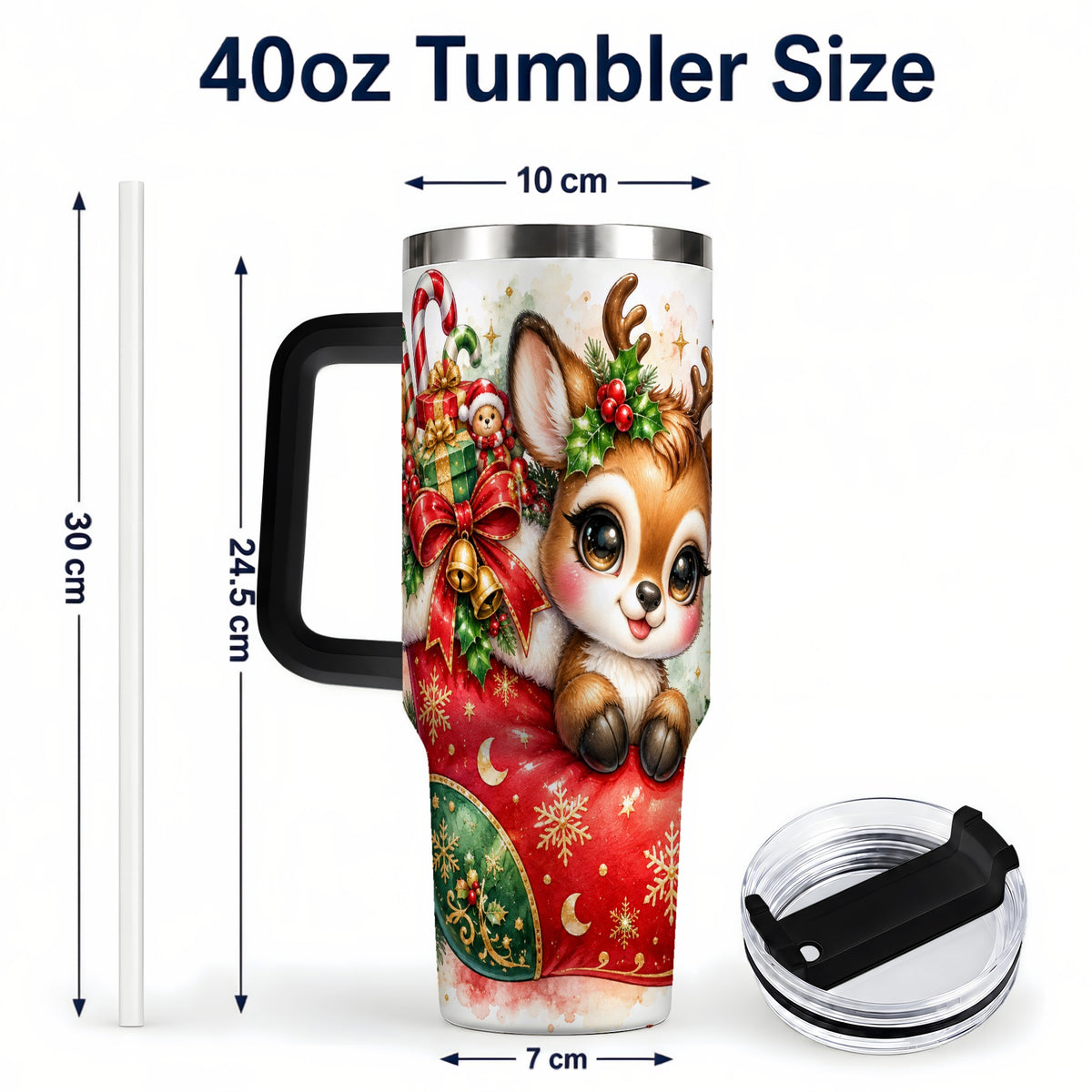 #pl[40oz|Black] Christmas Reindeer 40oz Tumbler with Handle, Watercolor Travel Cup