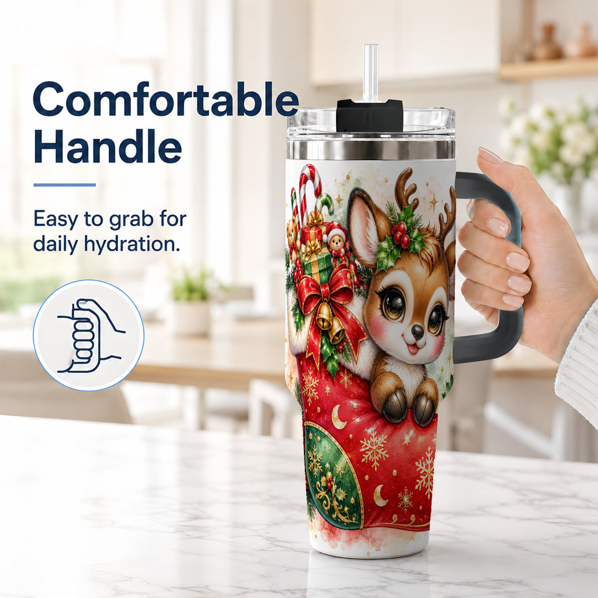 #pl[40oz|Black] Christmas Reindeer 40oz Tumbler with Handle, Watercolor Travel Cup