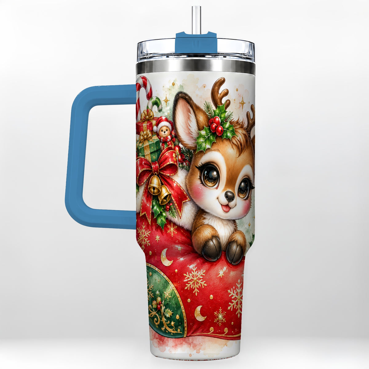 #pl[40oz|Blue] Christmas Reindeer 40oz Tumbler with Handle, Watercolor Travel Cup