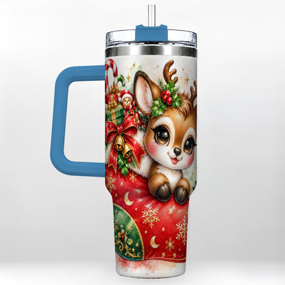 #pl[40oz|Blue] Christmas Reindeer 40oz Tumbler with Handle, Watercolor Travel Cup