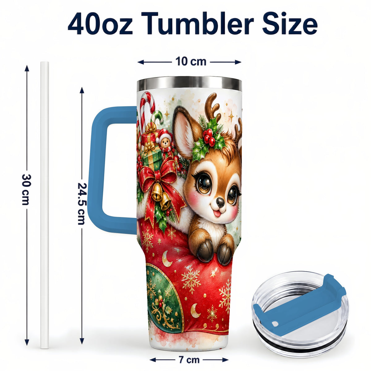 #pl[40oz|Blue] Christmas Reindeer 40oz Tumbler with Handle, Watercolor Travel Cup