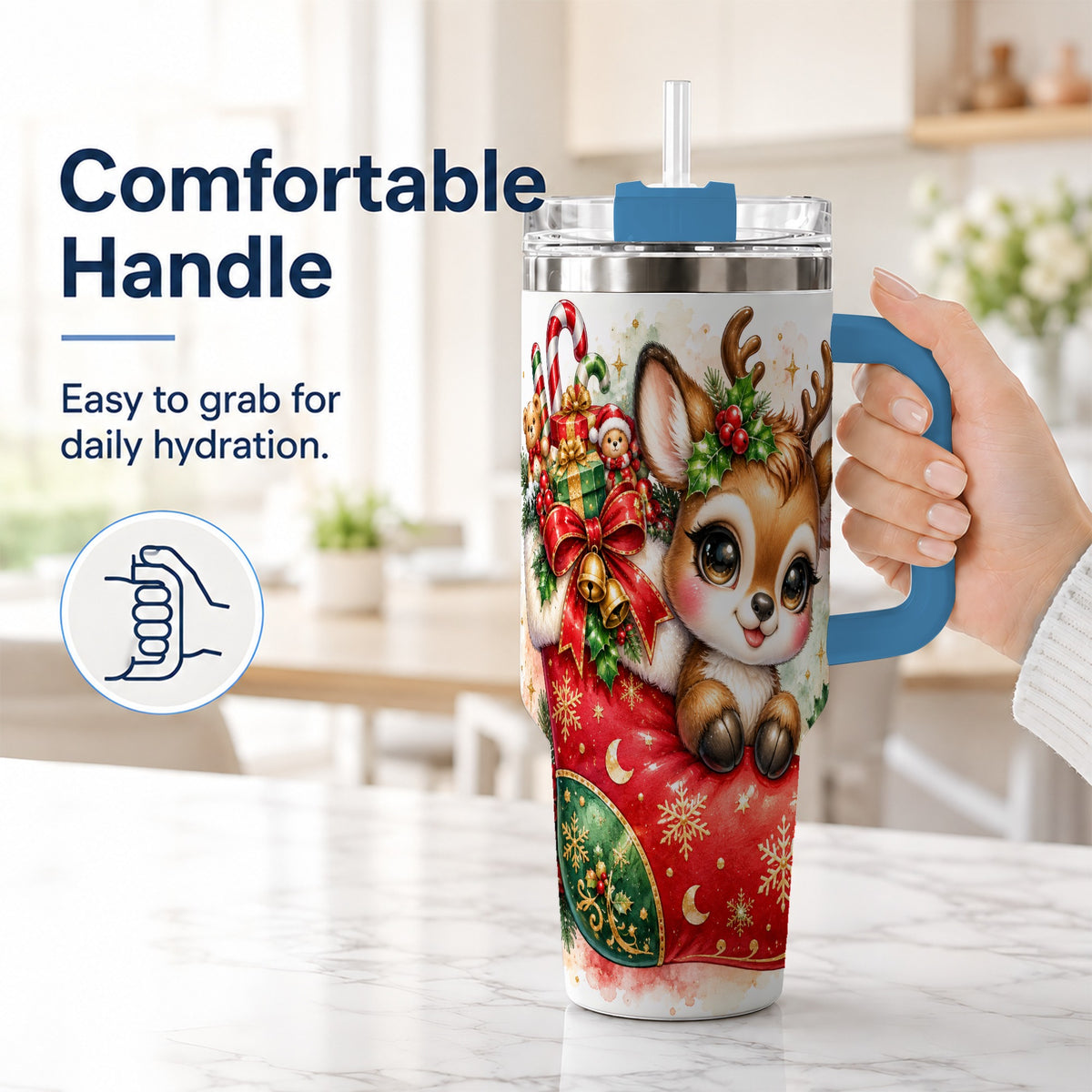#pl[40oz|Blue] Christmas Reindeer 40oz Tumbler with Handle, Watercolor Travel Cup