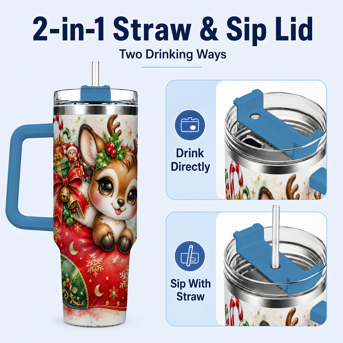 #pl[40oz|Blue] Christmas Reindeer 40oz Tumbler with Handle, Watercolor Travel Cup