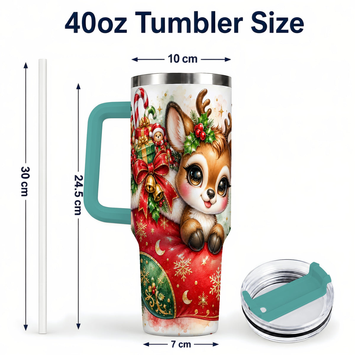 #pl[40oz|Green] Christmas Reindeer 40oz Tumbler with Handle, Watercolor Travel Cup