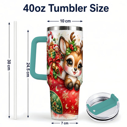 #pl[40oz|Green] Christmas Reindeer 40oz Tumbler with Handle, Watercolor Travel Cup
